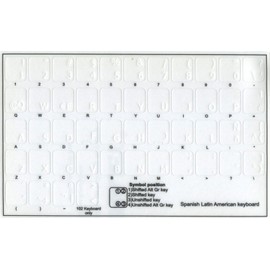 Pegatinas para teclado en español (latinoamericano) con letras blancas sobre fondo transparente