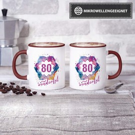 Geburtstags-Tasse 80 and Wonderful Geburtstags-Geschenk zum 80. Geburtstag als Geschenkidee für die Frau/Abstrakt/Bunt/Kaffeetasse/Innen & Henkel Weinrot