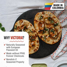 Victoria 12-Inch Cast Iron Tawa Dosa Pan, Pizza Pan with a Loop Handle, Crepe Pan Preseasoned with Flaxseed Oil, Made in Colombia