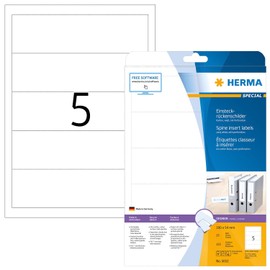 HERMA 5032 Insertion Spine Labels for Folders Perforated Short Wide 25 Sheets 190 x 54 mm 5 per A4 Sheet Pack of 125 Printable Matt Blank Cardboard Insert Labels Spine Labels White