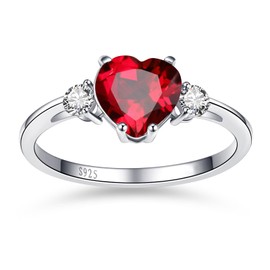 Bonlavie Created Ruby Ring Heart Cut 925 Sterling Silver Rings for Women Red Gemstone Engagement Rings Birthstone Jewelry Gift Size T