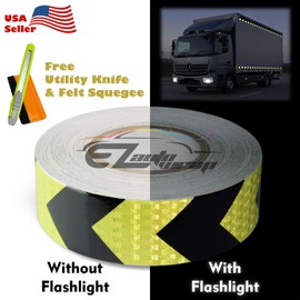 Free Tool Kit 2"x120ft Arrow Black Neon Yellow Night Reflective DOT-C2 Safety Tape Warning Caution Adhesive Conspicuity Arrow Checker Marking Decal Sticker Film Truck RV Trailer Boat ATV Construction