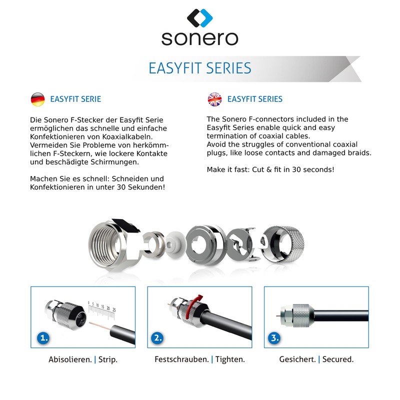 sonero, F-Stecker für Sat-Kabel, Antennen-Kabel, Koaxial-Kabel mit ⌀ 6,5 -