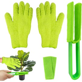 Juego de 4 piezas de limpieza de plantas, incluye 2 guantes de microfibra para polvo de plantas, 1 pinza limpiadora de hojas con 2 fundas de tela separadas, fundas de microfibra reutilizables y
