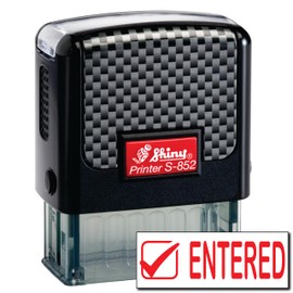 Shiny Entered Stamp Self Inking Rubber Stamp, 1/2" by 1-1/2" Impression Area, Red Ink, Refillable