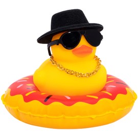 wonuu Car Rubber Duck, Yellow Duck Decoration Dashboard with Sun Hat Swim Ring Necklace Sunglasses for Car Dashboard Decorations (Black Top Hat-Red Donut)