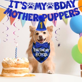STMK Dog Birthday Decorations, Multi Sizes Dog Birthday Hat with Numbers Bandana Bow Tie It’s My Bday Mother Puppers Banner for Small Medium Dogs Pets (Blue, Small)