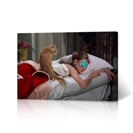 HB Art Design Audrey Hepburn Wall Art Breakfast at Tiffany's Sleeping Mask in Bed with her Cat Canvas Wall Art Canvas Print Wall Decor Artwork Bedroom Decor Living Room Decor Made in the USA 19x28