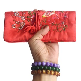 Gold Fortune Travel Jewelry Silk Embroidery Brocade Roll Bags Organizer Case with Tie Close (Red)
