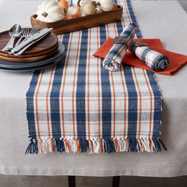 DII Thanksgiving & Fall Table Decoration Autumn Farmhouse Plaid, Ribbed Table Runner, 13x72, Blue & Orange