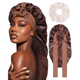 Coubeau Long Sleep Cap Satin Bonnet - Silk Hood for Sleeping Night Sleep Hat Adjustable Sleep Cap Headgear Soft Head Cover Sleep Cap Silk with Elastic Band for Women and Girls