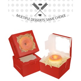 qiqee Red Bakery Box with Window 4x4x2.5 inch 30Packs Macaron Boxes Small Donut Pastry Boxes for Party Mini Cookie Boxes