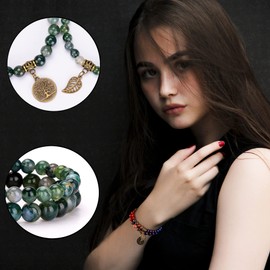 Natural Semi Precious Gemstone Beads Bracelet for Women - Tree of Life and Leaf Charm Chakra Energy Healing Anxiety Stretch Bracelets(Moss Agate)