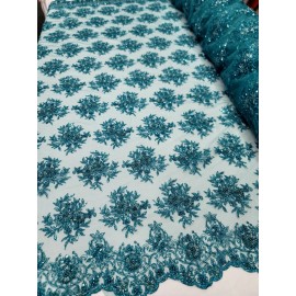Totally Paris Teal Beaded Lace Bridal Wedding Fabric Sold By Yard Scalloped Floral Prom Dress