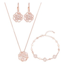 UNICRAFTALE Crystal Rose Flower Jewellery Sets Metal Flowers Necklace Bracelet Earrings Hollow Rose Gold Jewellery For Valentine's Day Mother's Day Gifts Wedding Party Event