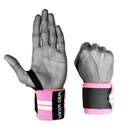 Muñequeras elásticas – Par de 45.72 cm para fitness, levantamiento de pesas, entrenamiento cruzado – con gancho y agarre de bucle, Pink - White Stripe