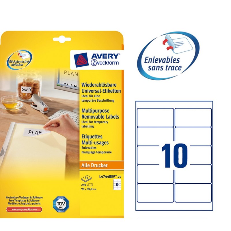 Avery L4744REV-25 Etiketten ablösbar 96 x 50,8 mm 250 Stück