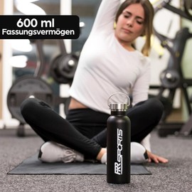 RR Sports - Stainless Steel Water Bottle, Dishwasher Safe, 600 ml, Sports Water Bottle, 100% Plastic-Free & BPA Free, Fitness, Gym & Gym, Leak-Proof, Insulated, Sports Bottle, Black