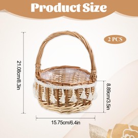 2 Pack Small Wicker Picnic Basket with Handle Wicker Rattan Flower Girl Basket Willow Flower Baskets with White Ribbon Plastic Liner for Wedding, Gifts, Camping and Home Decor