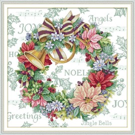 Stitchmelody 14CT Counted Cross Stitch Kits,Unprinted Pattern Embroidery Set,DMC Threads-Holiday Wreath 54cm×54cm