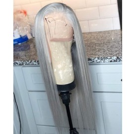 QD-Tizer Lace Front Wigs, Long Straight Hair Gray Color Glueless Heat Resistant Fiber Hair Synthetic Lace Front Wigs for Fashion Women