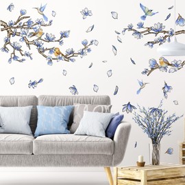 Blue Flowers Birds Wall Decals Blue Floral Garden Flower Wall Stickers Fairy Decals PVC Removable Wall Art Decals for Girls Bedroom Nursery Decor
