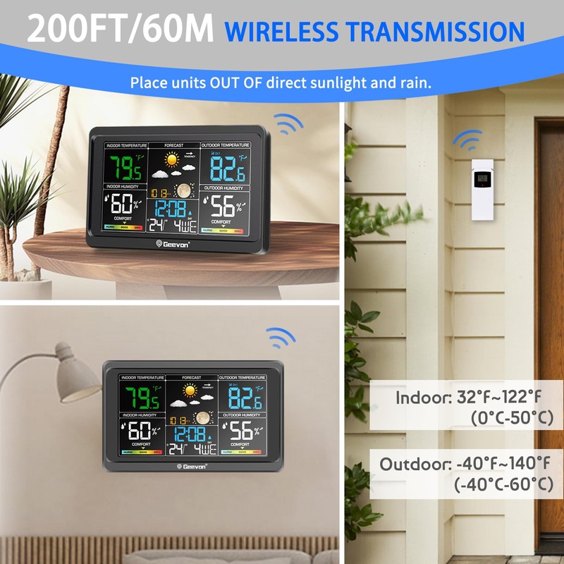 Geevon Upgraded HD Display Weather Station Wireless Indoor Outdoor Thermometer,