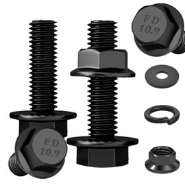 Ruibapa 5 Sets M10-1.5 x 35mm Flanged Hex Head Bolts,Flange Nuts,Flat & Lock Washers,10.9 Black Zinc Plated,Full Thread,Alloy Steel