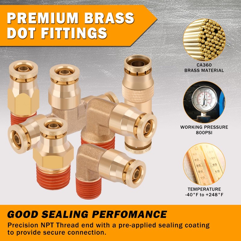 XaXmTee 14 Pcs 1/4" Brass DOT Air Line Fittings Kit