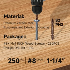 250Pcs Wood Screws #8 x 1-1/4", Phillips Modified Truss Head 1 1/4 Deck Screws, Zinc Oxide Self Tapping Assorted Small Wood Screws for Household Appliances Furniture, Woodworking, Outdoor by Marysino