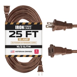 Iron Forge Cable 2 Prong Outdoor Extension Cord 25 ft, 16/2 SJTW 25 Foot Brown Extension Cord, Weatherproof - Great for Outdoor Lights, Deck, Patio