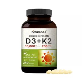 NatureBell Vitamin D3 K2, 2 PACK, 10,000 IU Vitamin D, 200 mcg Vitamin K MK-7, 240 Softgels