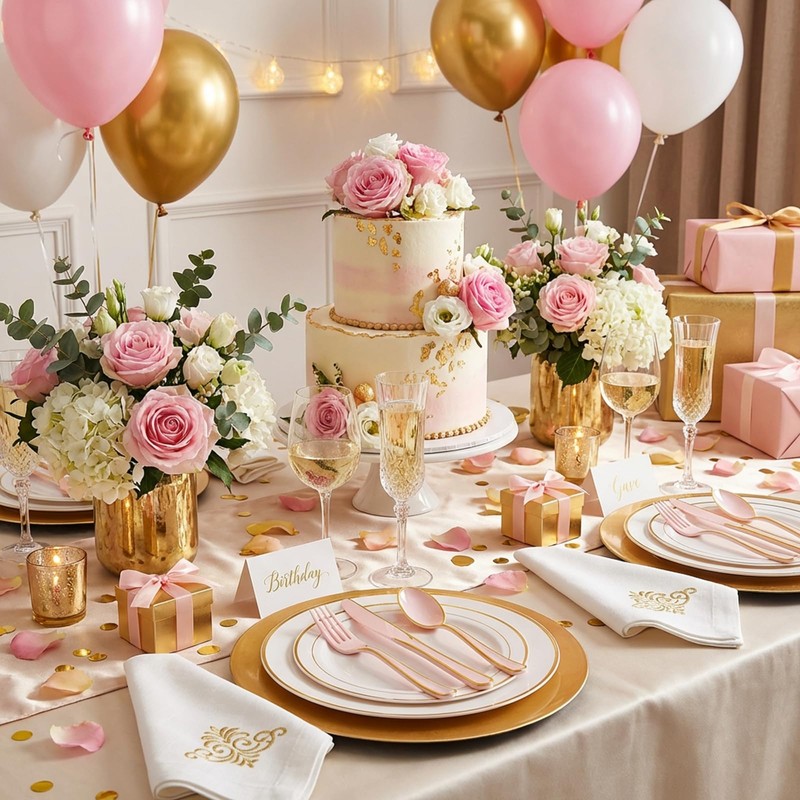 120pcs Pink and Gold Plastic Silverware Disposable Utensils Set