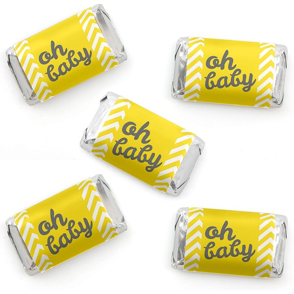 Hello Little One - Yellow and Gray - Mini Candy Bar Wrapper Stickers - Neutral Baby Shower Small Favors - 40 Count