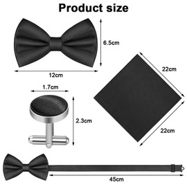 URAQT Black Men's Bow Tie Set, Solid Color Pre-Tied Bow Tie and Pocket Square Cufflink Set for Men, Satin Tux Bowtie & Handkerchief, Adjustable Formal Neck Bowtie for Parties, Wedding