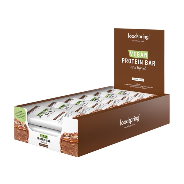 Foodspring Vegan Protein Bar Extra Layered - Up to 10 g Vegetable Protein per Bar, Low Sugar, Ideal After Sports or on the Go - Hazelnut Crunch - 12 x 45 g
