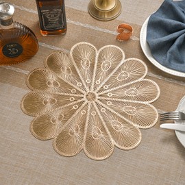 Hosoncovy 4 Pack Flower Decorative Placemats PVC Placemats Hollow Dining Table Place Mats Heat Resistant Non-slip Dining Placemats Table Mats for Home Kitchen (Gold)