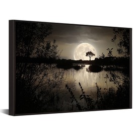 KREATIVE ARTS Moon Over Lake Canvas Wall Art 24x36 Inch Large Landscape Painting with Black Floater Frame Dark Forest Night Scene Giclee Artwork for Bedroom Living Room Office Home Decor