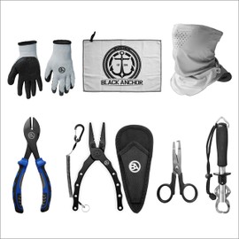 Black Anchor Fishing Accessory Kit | 6.7" Aluminum Plier, Stainless Lip Gripper, Buff Face Shield, Wire Cutter, Split Ring Braid Scissor, Rubber Dip Gloves, Microfiber Towel