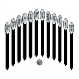 Red Tail Crafters Herb Garden Plant Markers Laser Etched Metallic Oval Stick Style 12/Set 08in Brushed Silver/Black