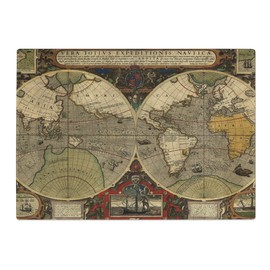 Kitchen Chopping Board Glass - Henricus Hondius II - Vintage World Map 4 - Textured Worktop Saver Cutting Board - Heat Resistant, Shatterproof and Hygenic - 28.5 x 20 cm