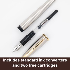 Monteverde USA Aldo Domani Fountain Pen Brushed – Medium Nib – Ink Bottle, Converter & 2 Cartridges – Ideal Gift Fountain Pen