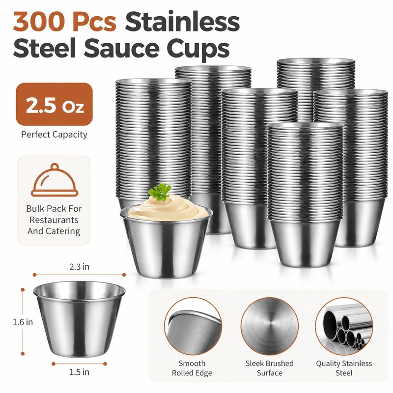 NIMBLOOM 300 Pack Stainless Steel Sauce Cups, 2.5 oz Stackable