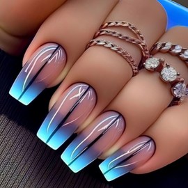 Ombre Press on Nails Blue Stripe Smudge Fake Nails Medium Square False Nails Glossy Acrylic Nails Reusable Glue on Nails Summer Full Cover Stick on Nails for Women 24PCS