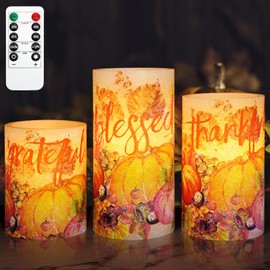 FLAVCHARM Thanksgiving Blessings LED Candles Pumpkin Glitter Desgin Real Wax Flickering Flameless Fall Harvest Battery Operated with Remote Timer 6H for House Warming Gifts New Home Table Tary Decor