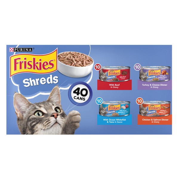 Purina Friskies Wet Cat Food Variety Pack, Shreds Beef, Turkey, Whitefish, and Chicken & Salmon - (40) 5.5 oz. Cans