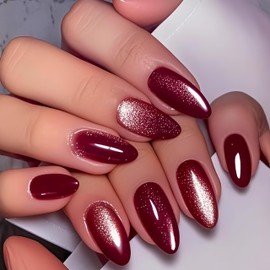 KQueenest Cat Eye Red Press on Nails Almond, Glitter Press on Nails Medium, Sparkly Shiny Soft Gel Fake Nails Set, Cute Bling Chrome Glue on Nails Medium Stiletto for Women Fall Winter 30 Pcs