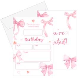 YQV Pink Bow Birthday Party Invitations, 20-Count Minimalist Pink Ribbon Birthday Party Invites With Envelopes, Cheers to Thirty, 4x6 inches-HBYQK-G14