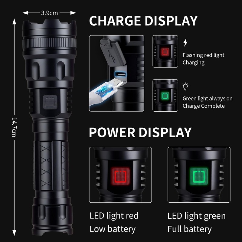 Durable & High Lumens 20,000LM Rechargeable Flashlights. 3-Mode LED Flashlight