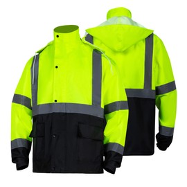 Class 3 High Visibility Rain Suit With Detachable Hood Waterproof Lime Reflective Safety Worker Jacket & Pants (L/XL Yellow)